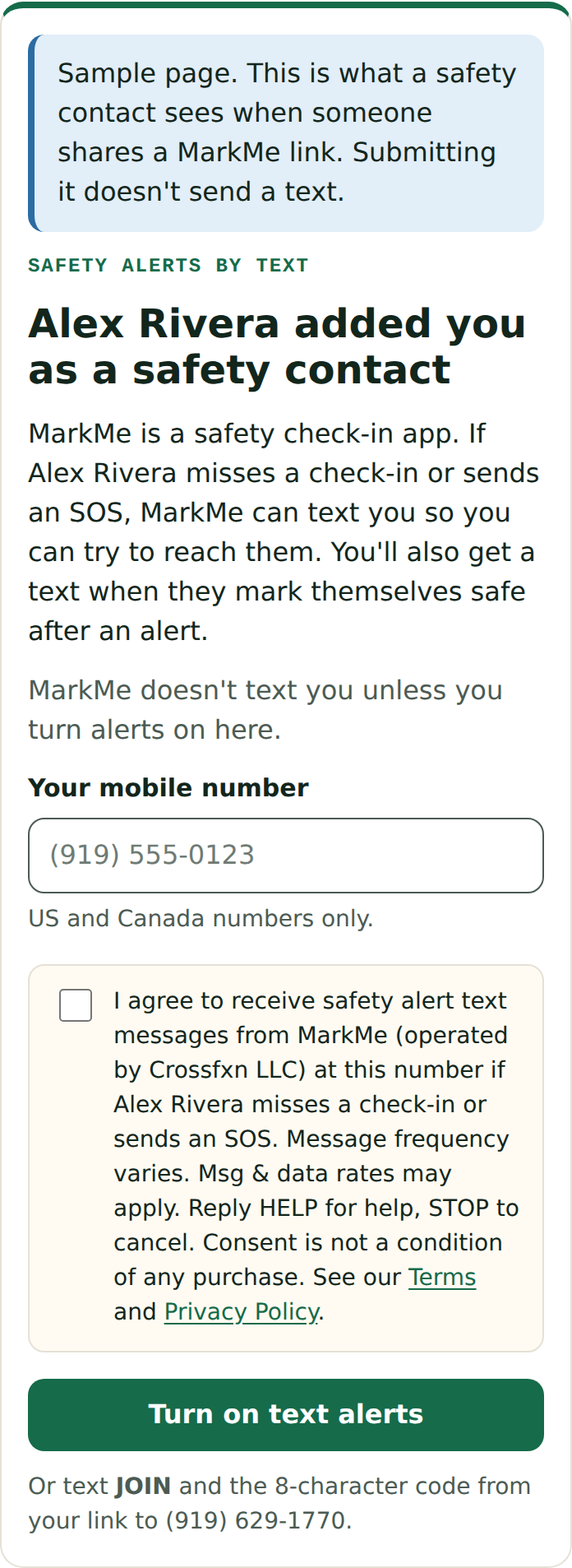The MarkMe join page: 'Alex Rivera added you as a safety contact', a mobile number field, an unchecked consent checkbox with the full disclosure, links to Terms and Privacy Policy, and a Turn on text alerts button.